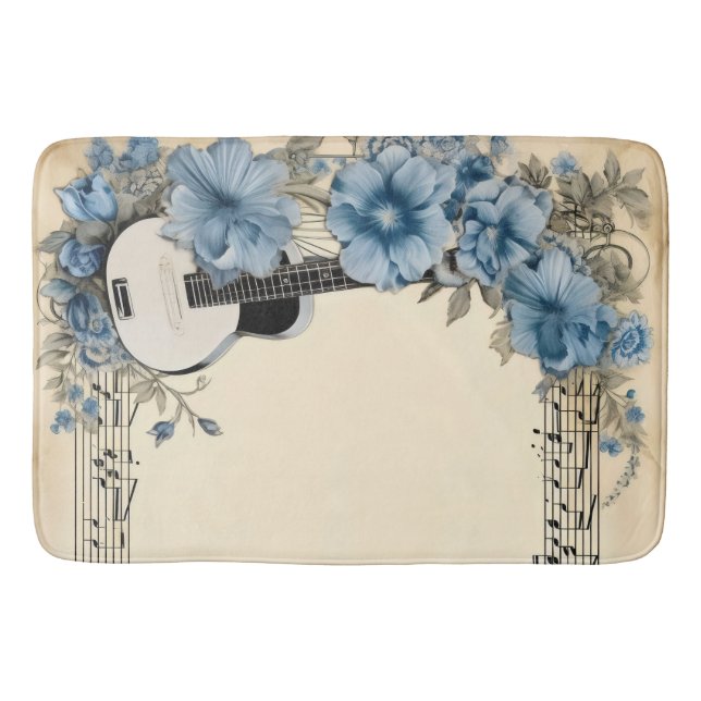 Blue Guitar Music Notes Flowers Bath Mat (Front)