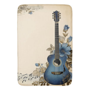 Blue Guitar Music Notes Flowers Bath Mat