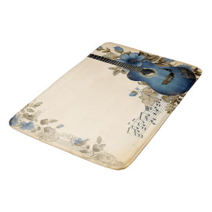 Blue Guitar Music Notes Flowers Bath Mat
