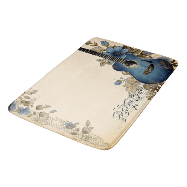 Blue Guitar Music Notes Flowers Bath Mat (Angled)