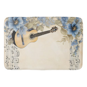 Blue Guitar Music Notes Flowers Bath Mat