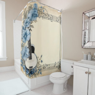 Blue Guitar Music Notes Flowers Shower Curtain