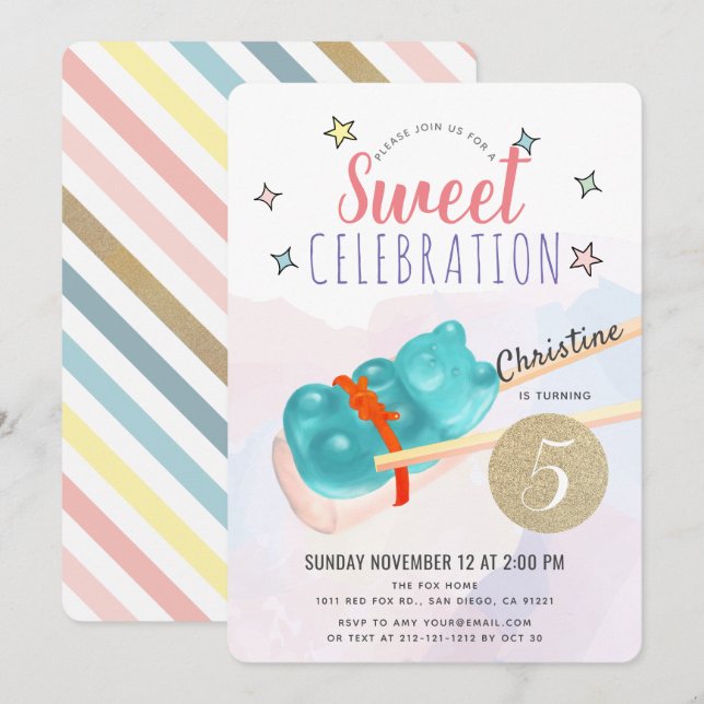 Blue Gummy Bear Candy Sushi Girl Birthday Invitation (Front/Back)