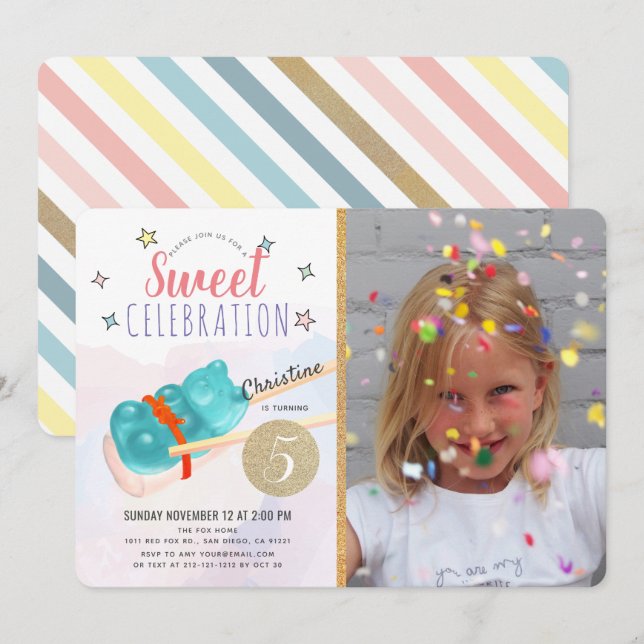 Blue Gummy Bear Candy Sushi Girl Photo Birthday Invitation (Front/Back)