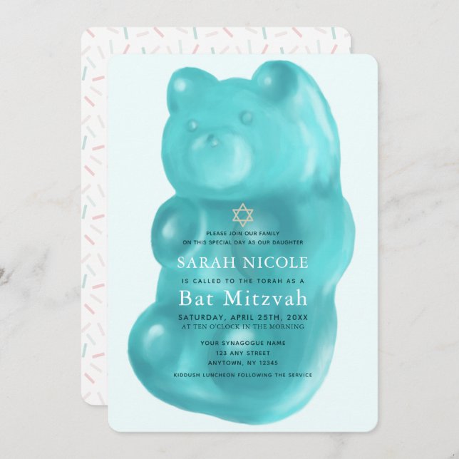 Blue Gummy Bear Girl Bat Mitzvah Invitation (Front/Back)