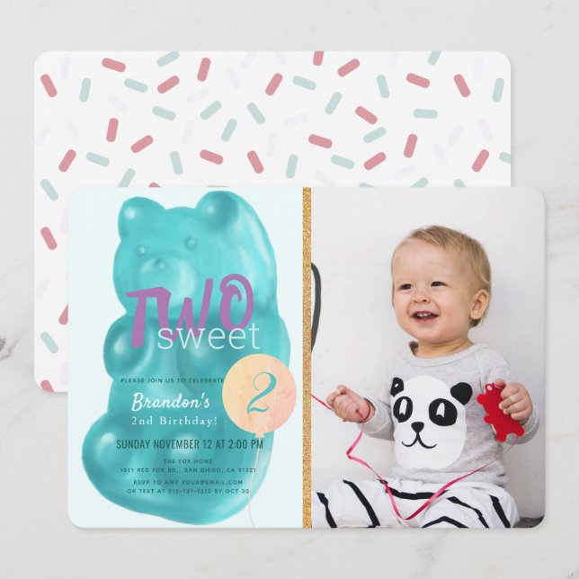 Blue Gummy Bear Two Sweet Photo 2nd Birthday Invitation (Front/Back)