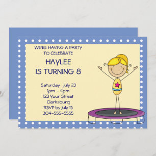 Blue Gymnastics Trampoline Birthday Party Invitation