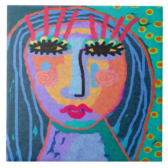 Blue Hair Abstract Digital Portrait of a Woman Ceramic Tile (Front)