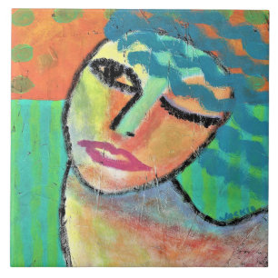 Blue Hair Abstract Painting on OSB Ceramic Tile