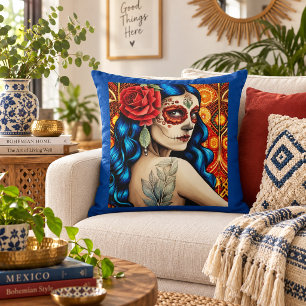Blue Hair Catrina Woman with Red Rose Folk Art Cushion