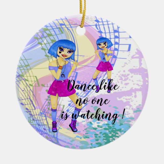 Blue hair fashion manga illustration dancing ceramic ornament (Front)
