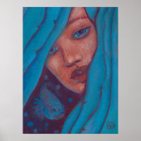 Blue Hair, Mermaid Portrait Fantasy Girl Woman Art