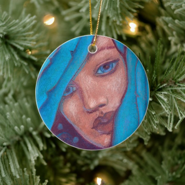 Blue Hair Mermaid Portrait Fantasy Pastel Painting Ceramic Ornament (Tree)