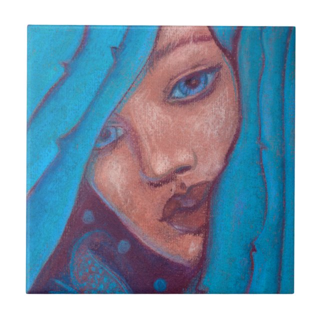 Blue Hair Mermaid Portrait Fantasy Pastel Painting Ceramic Tile (Front)