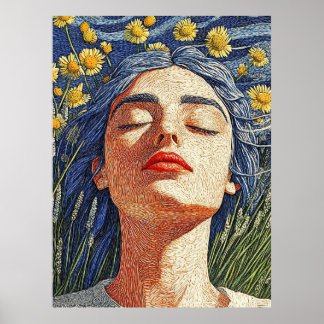 Blue Hair Woman Yellow Flowers Textured Portrait Poster