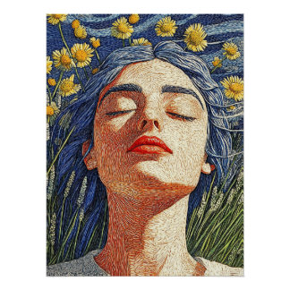 Blue Hair Woman Yellow Flowers Textured Portrait Poster