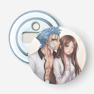 Blue-Haired Anime Warrior and Companion Sticker Se Bottle Opener
