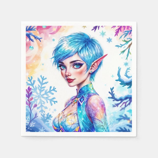 Blue haired elf magic ice princes snow forest napkin (Front)