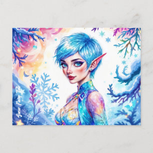 Blue haired elf magic ice princes snow forest postcard