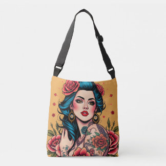 Blue-Haired Pin Up Girl with Roses Crossbody Bag