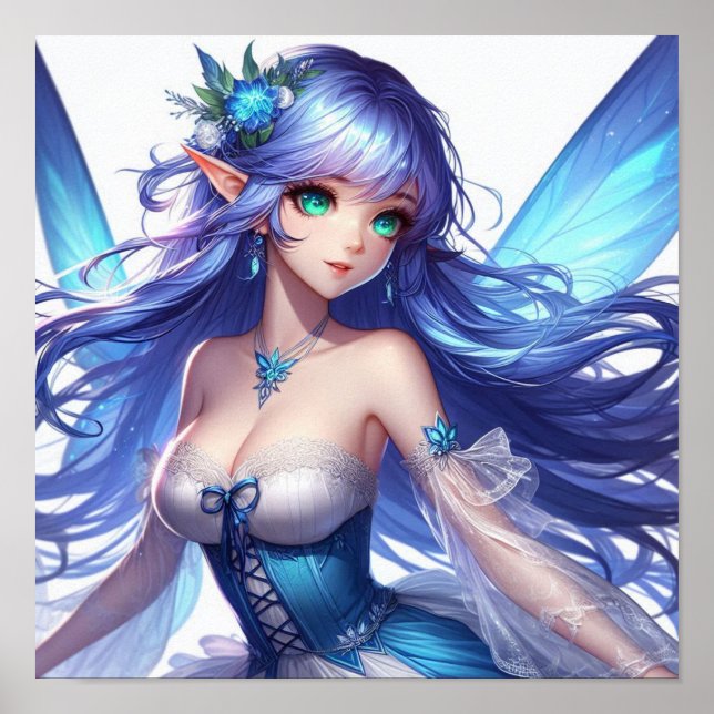 Blue-Haired Tropical Fairy with Emerald Eyes Poster (Front)