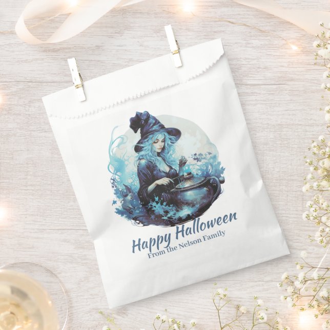 Blue Haired Witch and Cauldron Happy Halloween Favour Bag (Clipped)