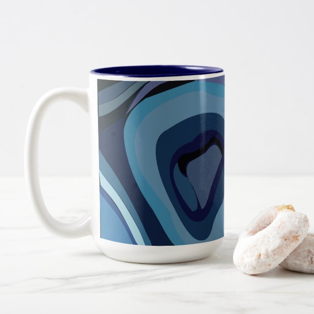 Blue Half Circles Abstract Geometric Two-Tone Coffee Mug (With Donut)