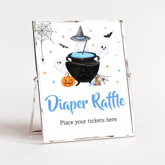 Blue Halloween Baby is Brewing Diaper Raffle Poster (Baby is Brewing Baby Shower Diaper Raffle Sign)