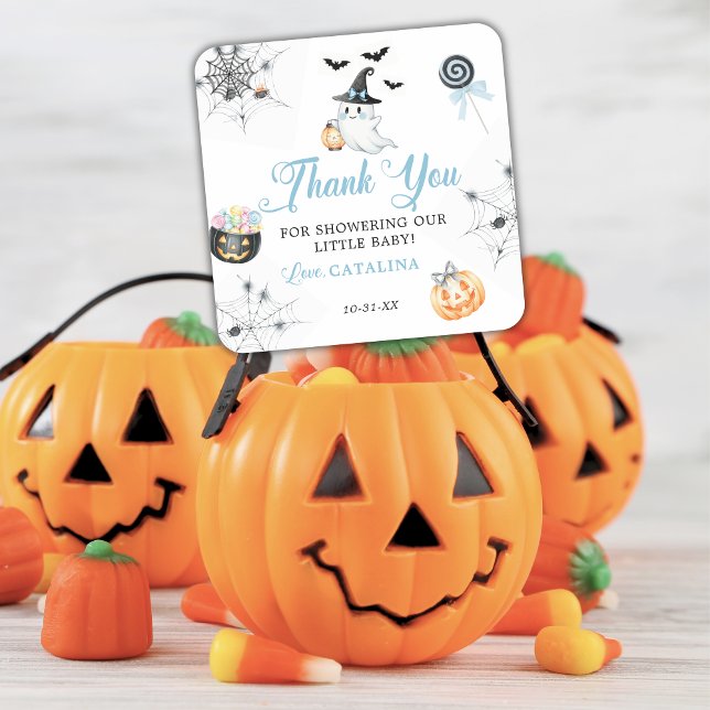 Blue Halloween Baby Shower Ghost Pumpkins Candy Square Sticker (Creator Uploaded)