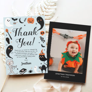 Blue Halloween Birthday Photo Thank You Card