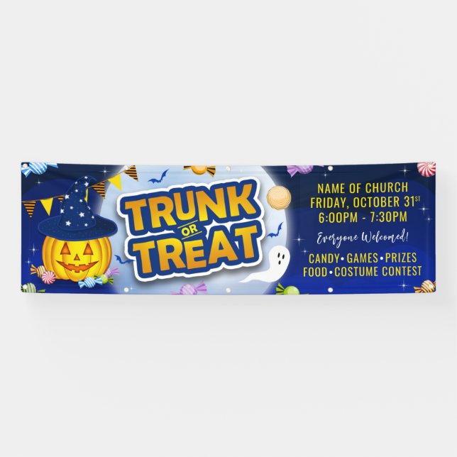 Blue Halloween Candy Trunk or Treat Cute Pumpkin Banner (Horizontal)