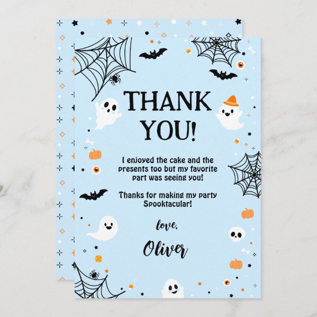 Blue Halloween Cute Ghost Thank You Card (Front/Back)