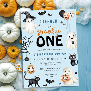 Blue Halloween Cute Spooky One Boy 1st Birthday Invitation