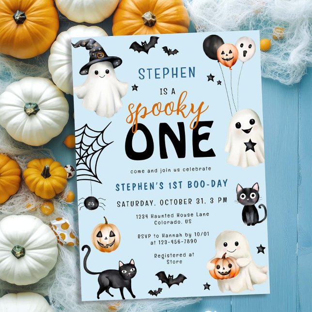 Blue Halloween Cute Spooky One Boy 1st Birthday Invitation (Creator Uploaded)