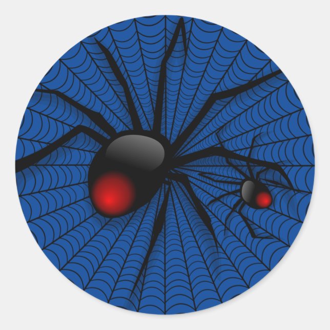 Blue Halloween Evil Black Widow Scary Spider Web Classic Round Sticker (Front)