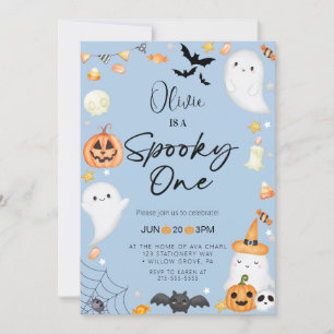 Blue Halloween Ghost 1st Boy Birthday Invitation