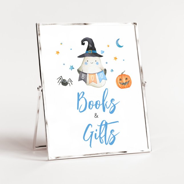 Blue Halloween Ghost Little Boo Books and Gifts Poster (Little Boo Baby Shower Books and Gifts Sign)