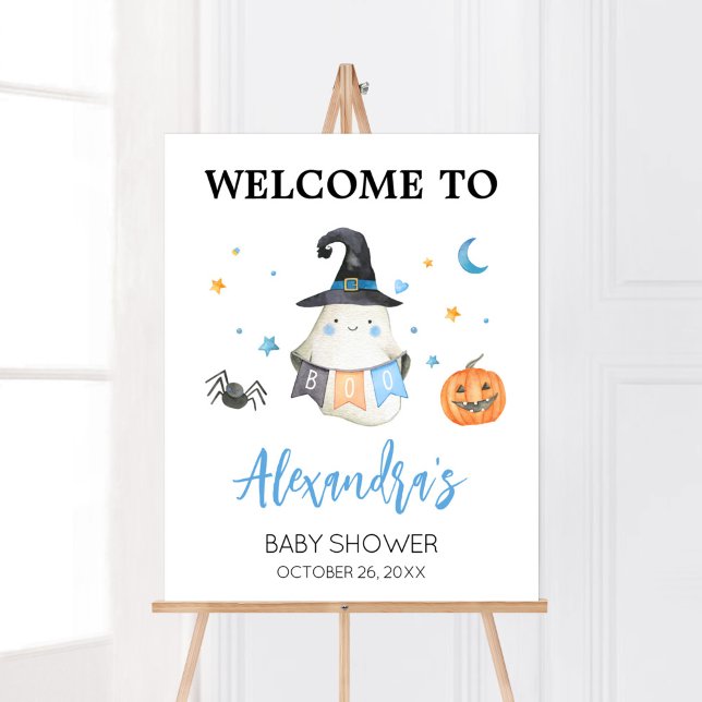 Blue Halloween Ghost Little Boo Welcome Poster (Little Boo Baby Shower Welcome Sign)