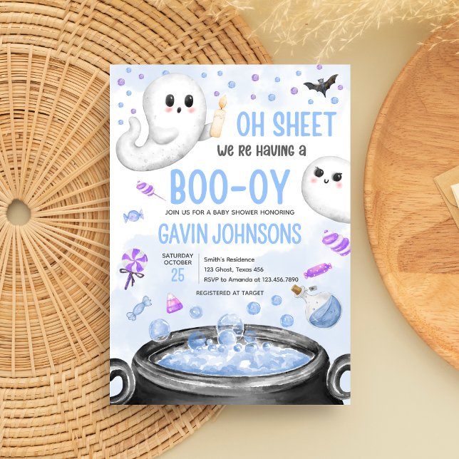 Blue Halloween It's a Boy Baby Shower Invitation (Oh Sheet It's a Boo=y Halloween Baby Shower Invitation)