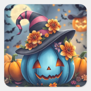 Blue Halloween Pumpkin Jack-o-lantern Square Sticker