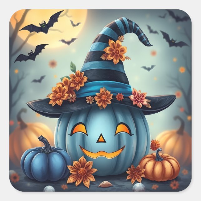 Blue Halloween Pumpkin Jack-o-lantern Square Sticker (Front)