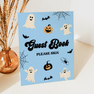 Blue Halloween Spooky Guest Book Pedestal Sign