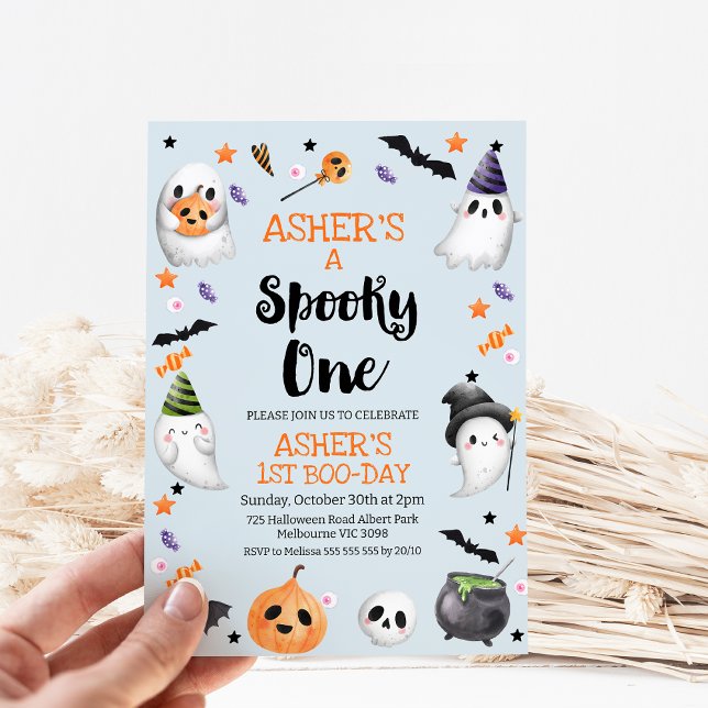 Blue Halloween Spooky One 1st Birthday Invitation (Blue Halloween Spooky One 1st Birthday Invitation Boy, Halloween First Birthday Invitation, Pastle)
