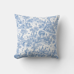 Blue Halloween Toile Pattern Spooky Village Ghosts Cushion