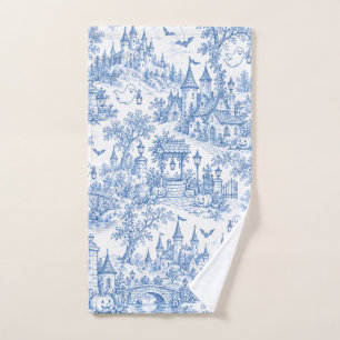 Blue Halloween Toile Pattern Spooky Village Ghosts Hand Towel
