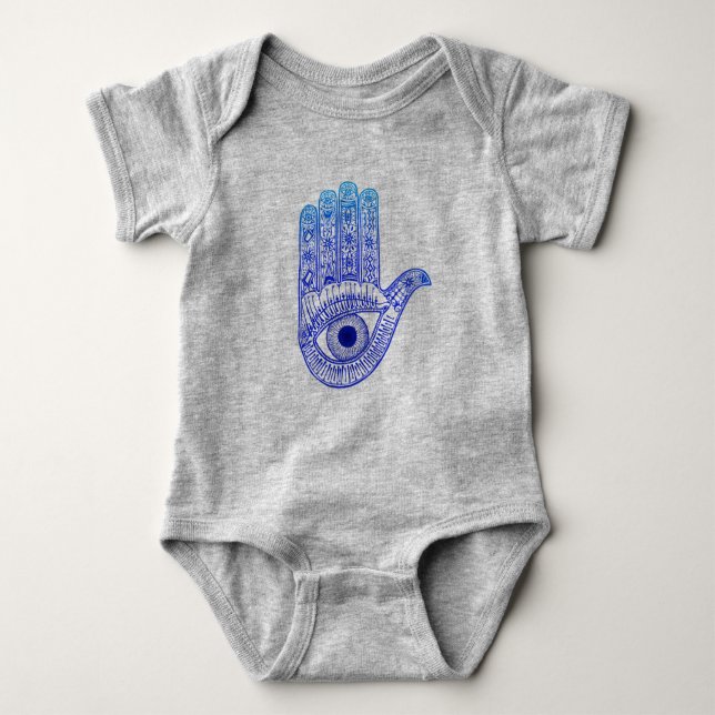 Blue Hamsa Hand / Evil Eye Defence / Hand of Mary Baby Bodysuit (Front)