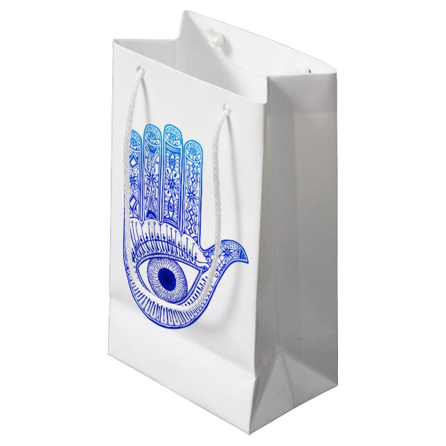 Blue Hamsa Hand / Evil Eye Defence / Hand of Mary Small Gift Bag (Front Angled)