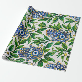 Blue Hamsa Hand of Fatima Floral Pattern Wrapping Paper