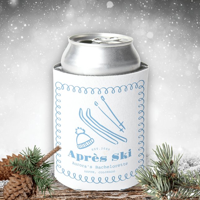 Blue Hand-Drawn Après Ski Bachelorette Weekend Can Cooler (Creator Uploaded)