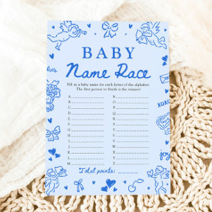 Blue Hand Drawn Baby Name Race Baby Shower Game Invitation